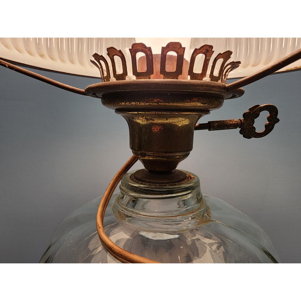 Vintage Electric Oil Lamp w/ Green Ribbed Glass Shade & Brass Burner –20.5" Tall - Picture 8 of 15